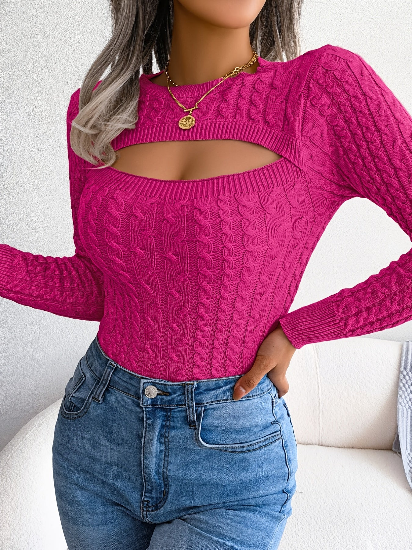 Women'S Sexy Hollow-Out Knit Pullover Sweater, Long Sleeve Crew Neck