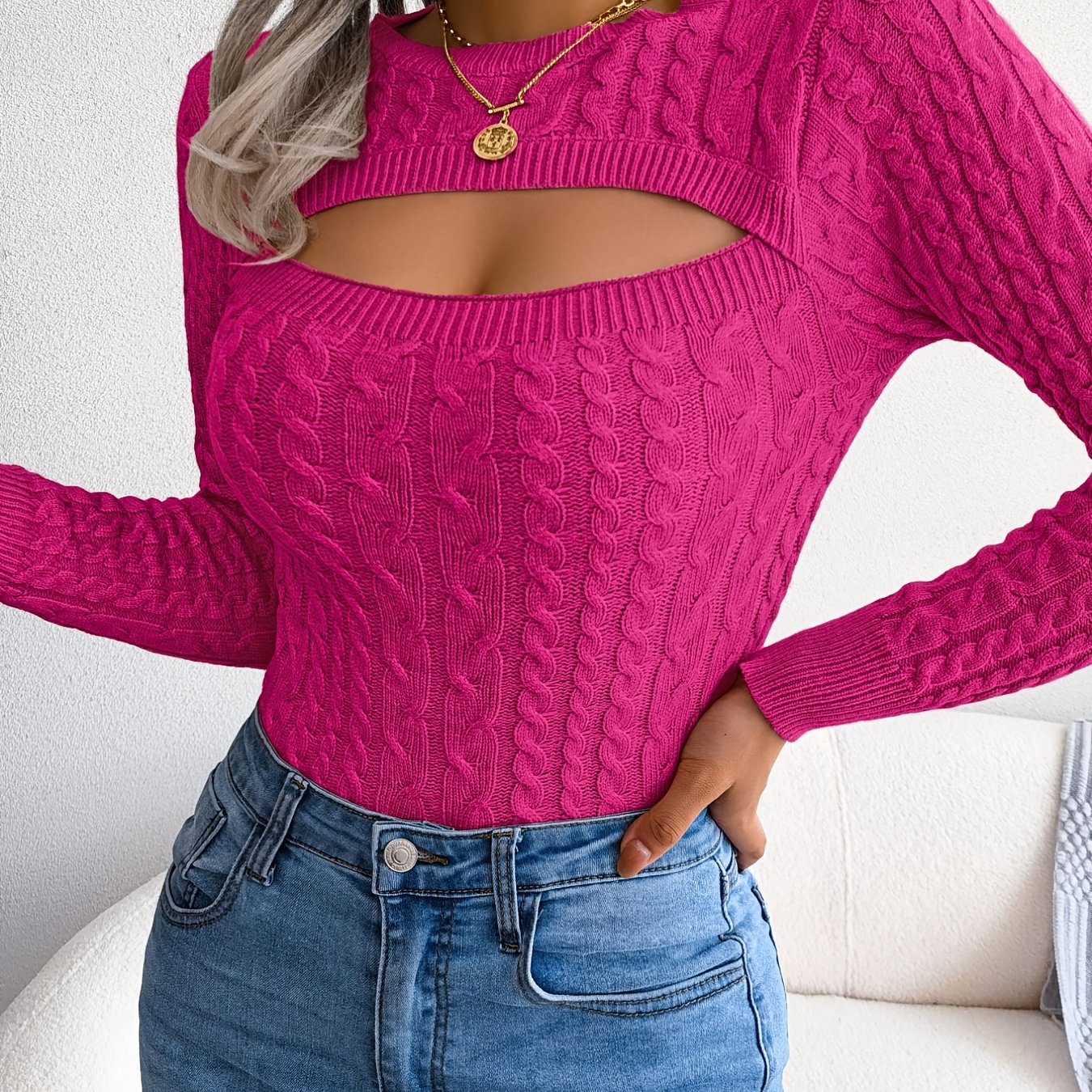Women'S Sexy Hollow-Out Knit Pullover Sweater, Long Sleeve Crew Neck