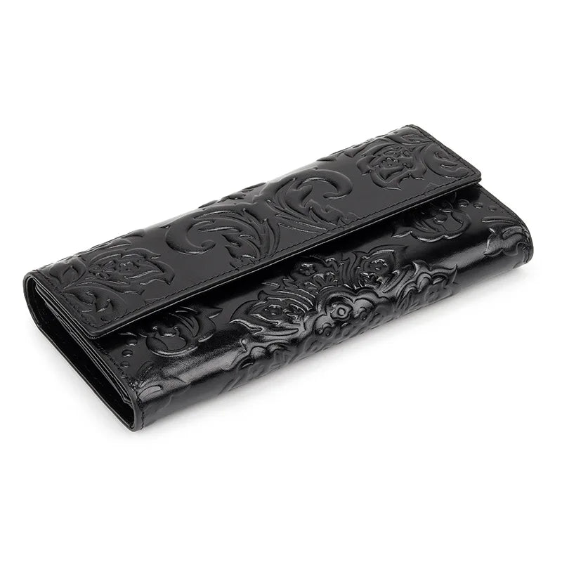 Genuine Leather Purse Women Large Real Leather Clutch Long Women's Cow Leather Purses Floral Ladies Wallets