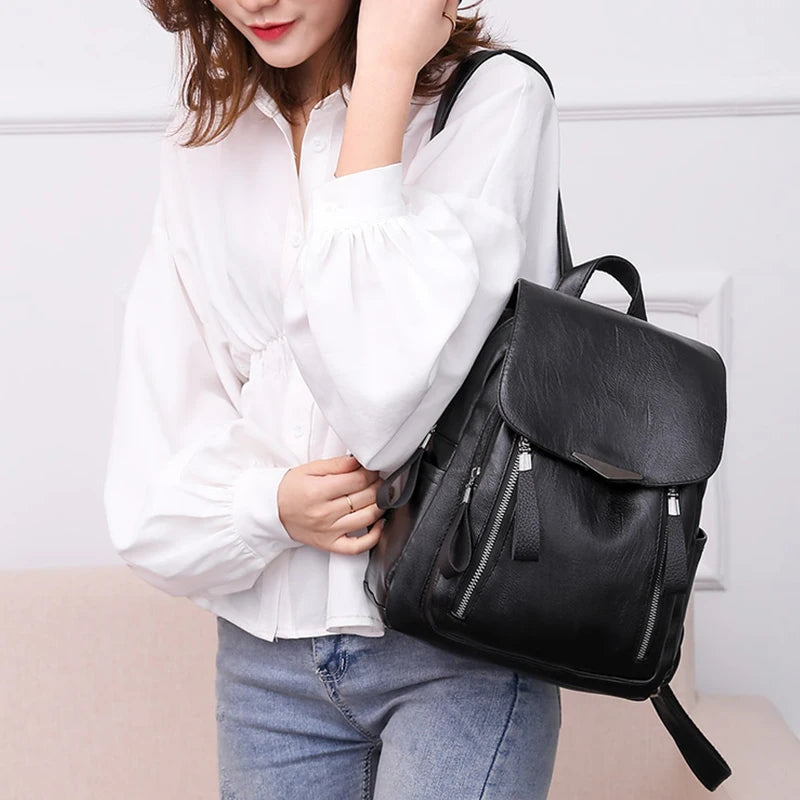 Yogodlns Luxury Backpack For Women Soft PU Leather Backpack Travel Large Capacity School Bag Double Zipper Business Knapsack