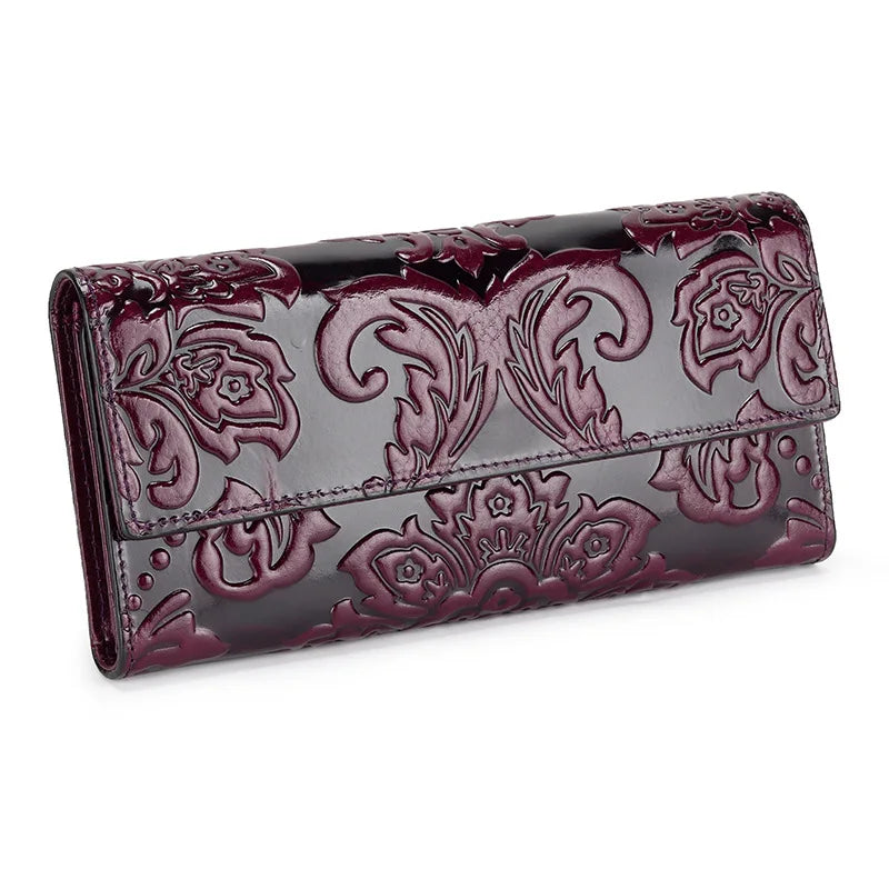 Genuine Leather Purse Women Large Real Leather Clutch Long Women's Cow Leather Purses Floral Ladies Wallets