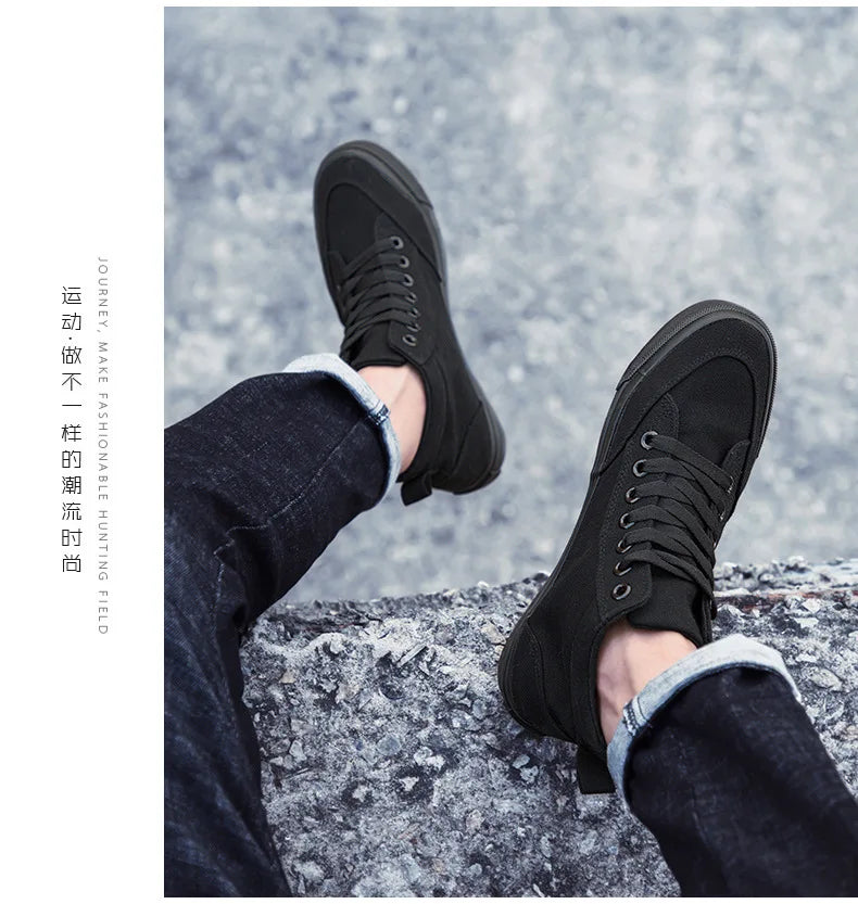Men's High-Top Canvas Sneakers Slip-On Lace-Up Casual All-Black Basic Skate Shoes for Students Flat Sole Comfortable Sport Shoes
