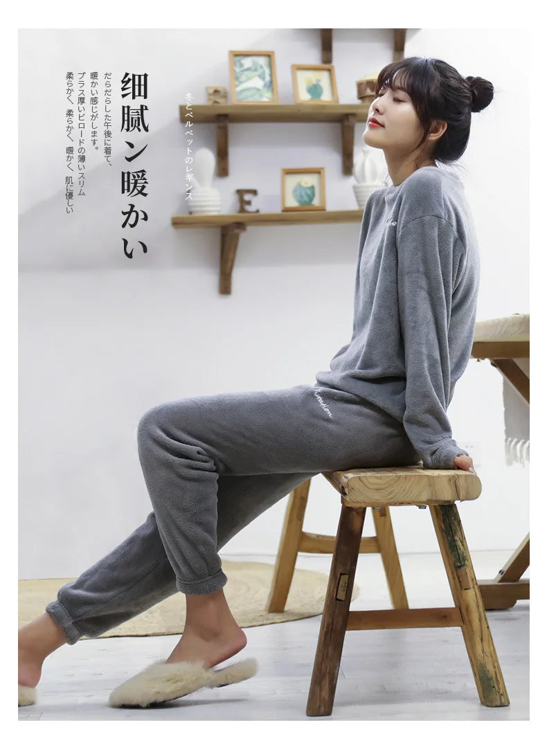 Winter Coral Fleece Pajama Set Women Thick Warm Flannel Velvet Cozy 2 Pieces Long Sleeve Sleepwear Suit Lady Clothing Homewear