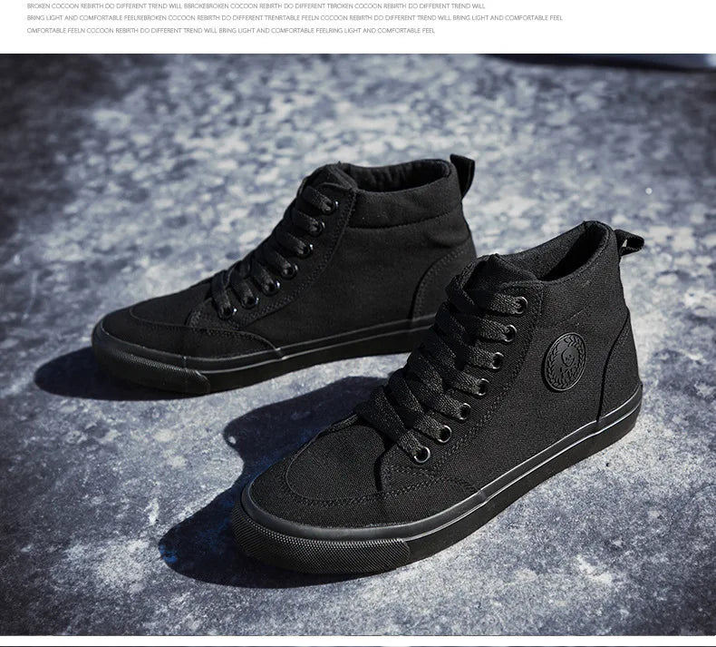 Men's High-Top Canvas Sneakers Slip-On Lace-Up Casual All-Black Basic Skate Shoes for Students Flat Sole Comfortable Sport Shoes