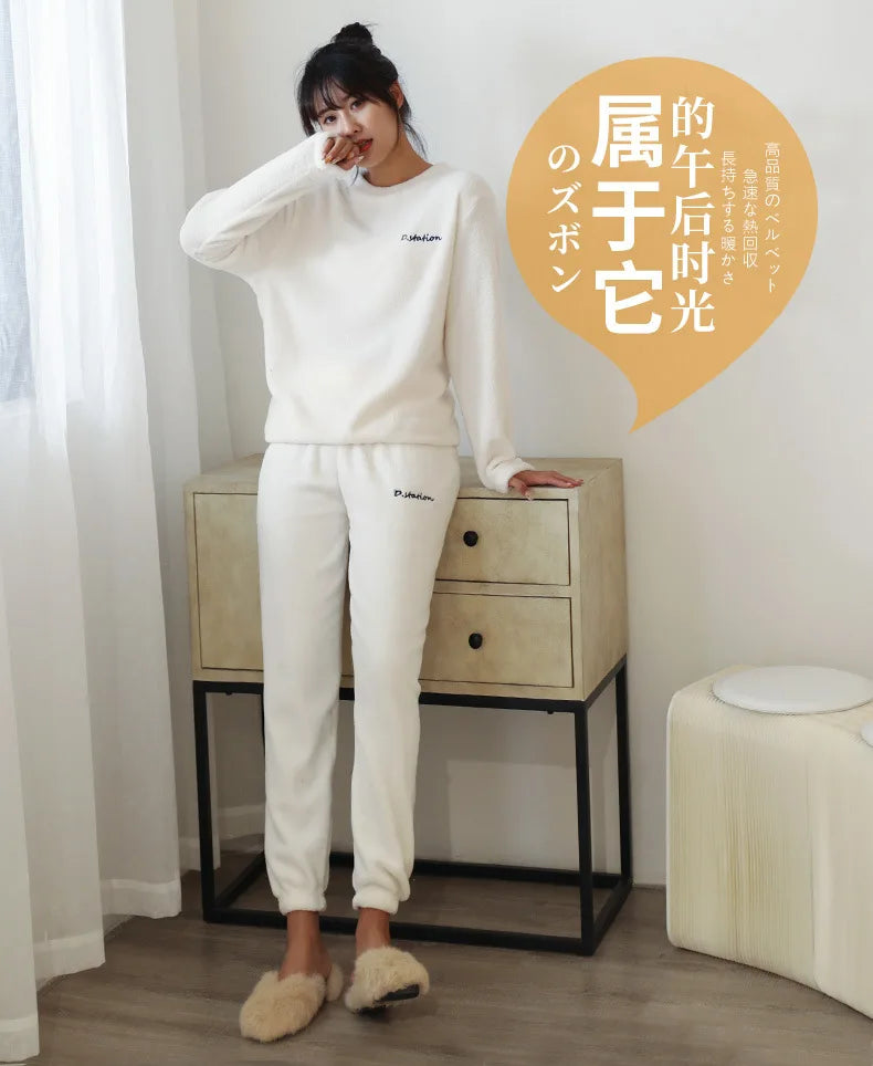 Winter Coral Fleece Pajama Set Women Thick Warm Flannel Velvet Cozy 2 Pieces Long Sleeve Sleepwear Suit Lady Clothing Homewear