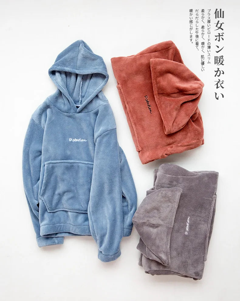 Winter Coral Fleece Pajama Set Women Thick Warm Flannel Velvet Cozy 2 Pieces Long Sleeve Sleepwear Suit Lady Clothing Homewear