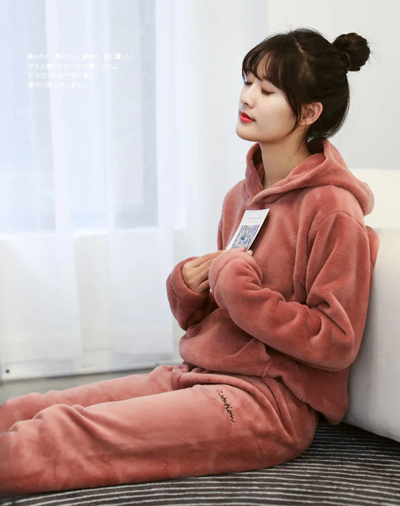 Winter Coral Fleece Pajama Set Women Thick Warm Flannel Velvet Cozy 2 Pieces Long Sleeve Sleepwear Suit Lady Clothing Homewear