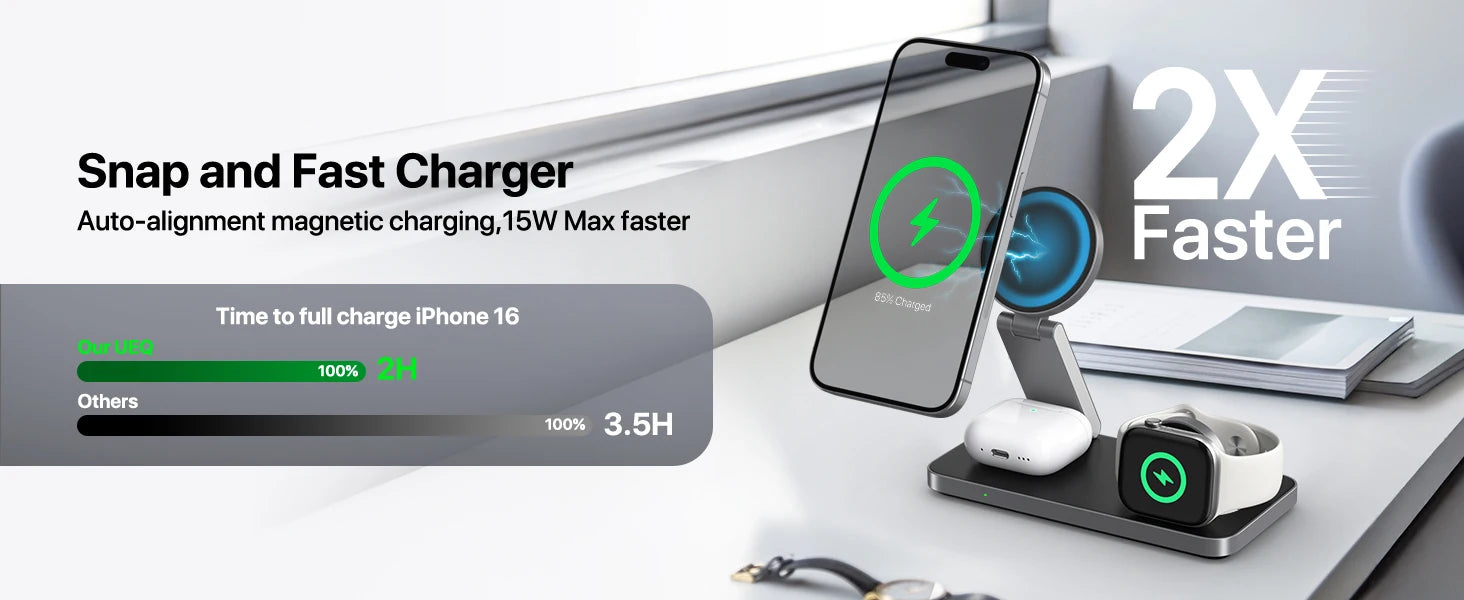 3 in 1 Qi2 Magnetic Wireless Charger For iPhone 16 15 14 13 12 Fast Charging Station For  iWatch 10 9 8 7 6 5  Airpods Pro