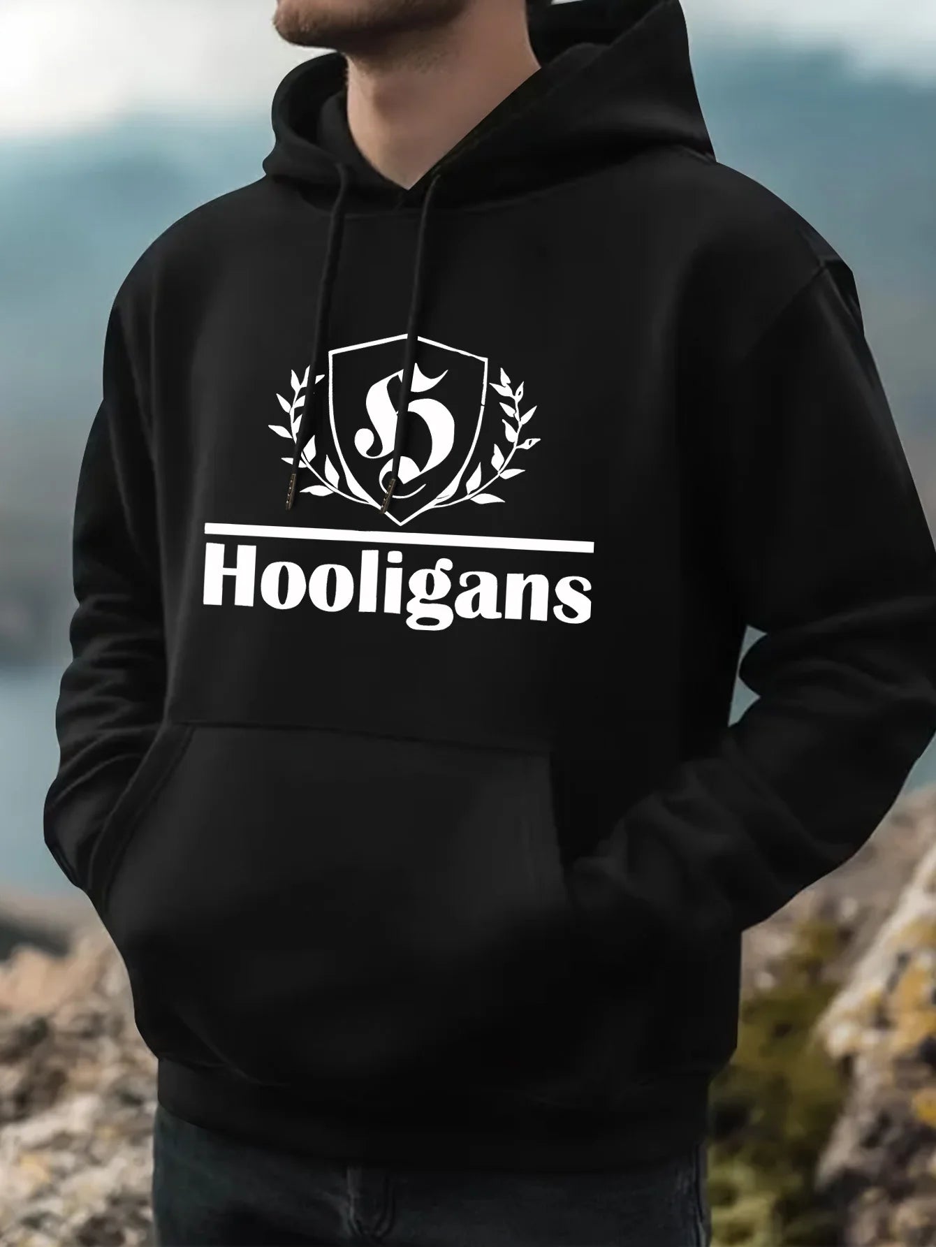 Men's Casual Hoodie HOOLIGANS Geometric Design Pullover for Fitness Training and Daily Wear Fashionable Street Style