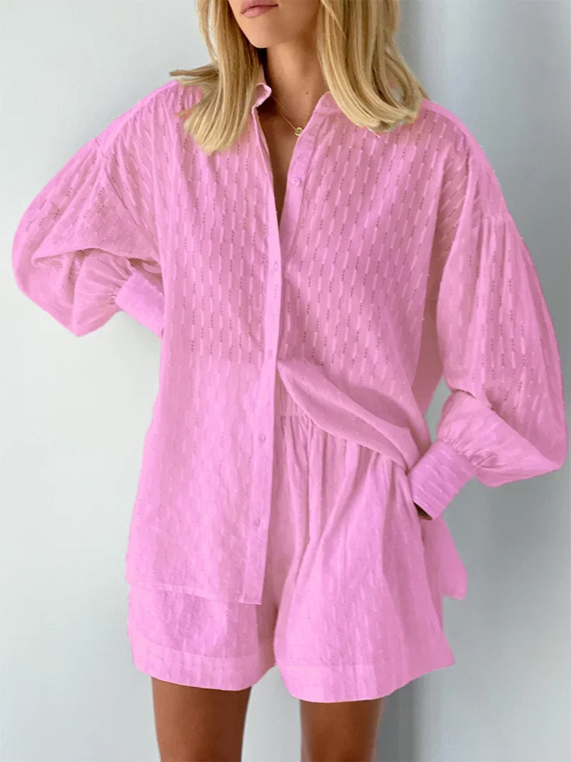 Women Jacquard Puff Sleeves Two Piece Sets for Summer Fashion Loose Shorts and Long Sleeved Shirt Outfits