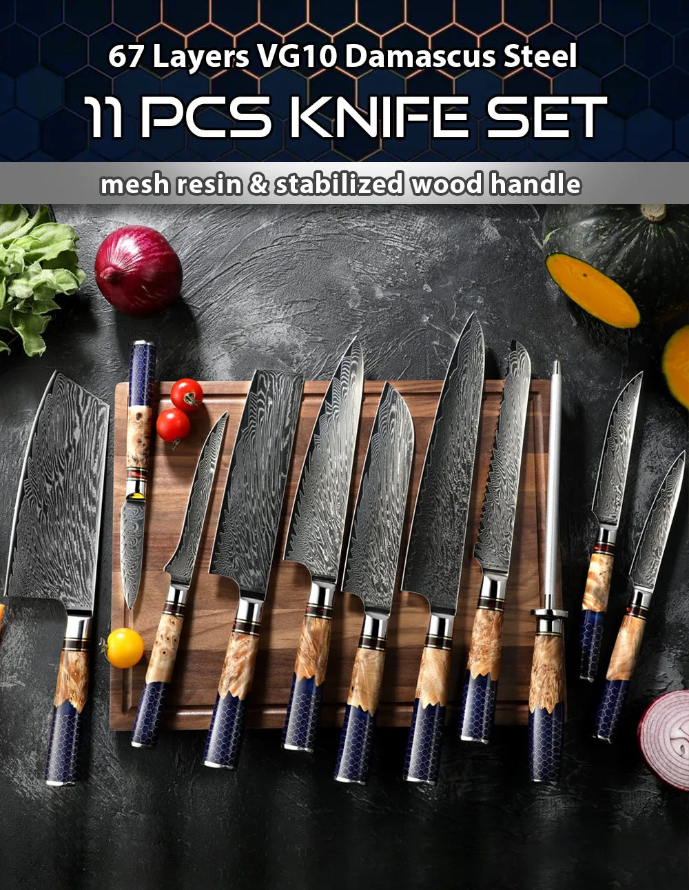 Kitchen Knives-Set Damascus Steel Chef Knife Cleaver Paring Utility Bread Knife Cooking Tool Blue Resin Handle 1-10 Pcs/Set