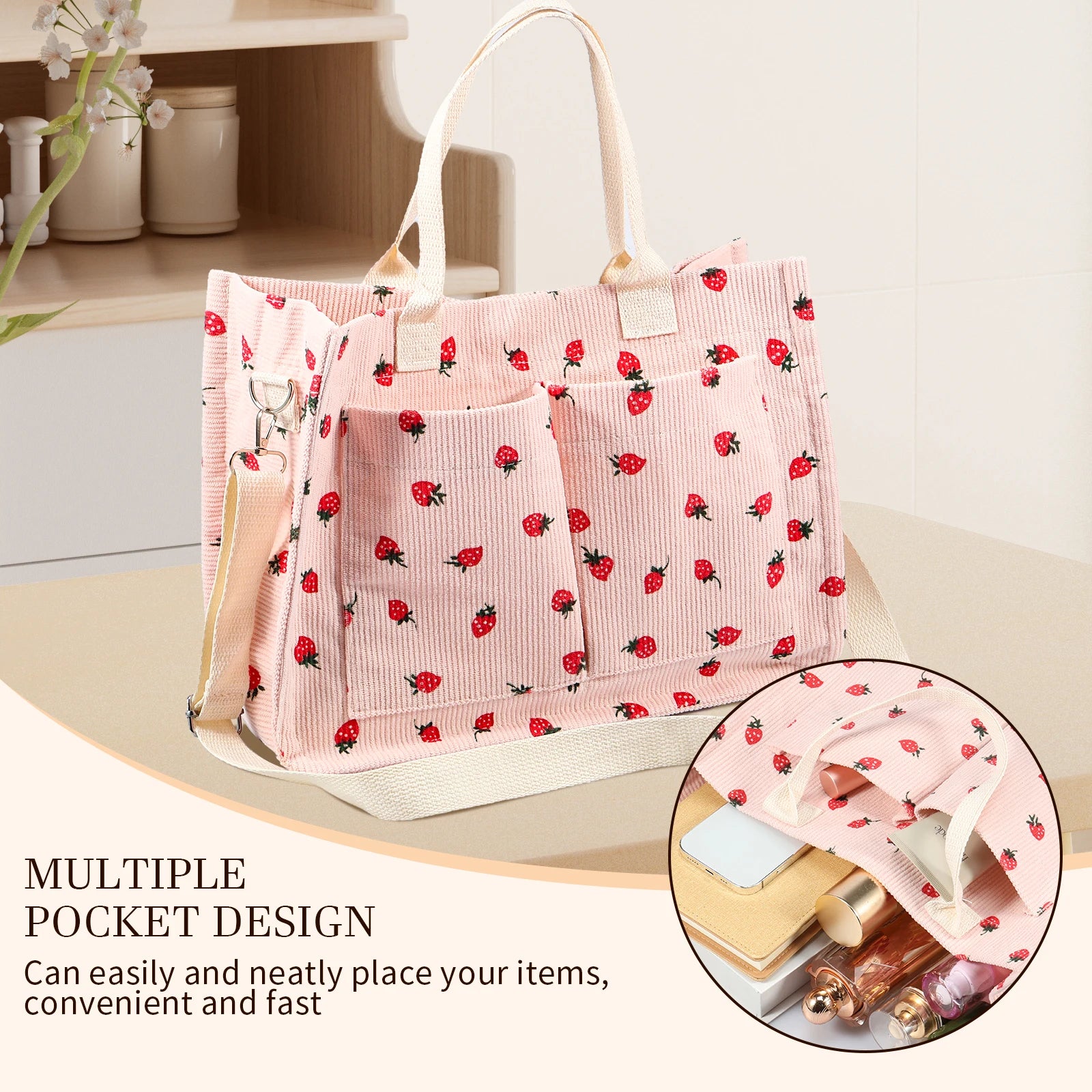 Tote Bag Cute Strawberry Patched Purse for Women Fabric Large Capacity Tote Purse Enduring Tote Bag with Adjustable Shoulder