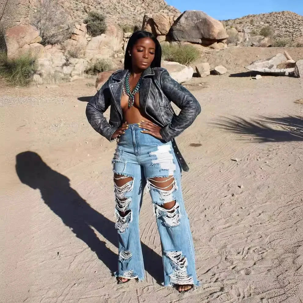 Jeans Women Long Pants Elegant Splice Denim Pant Slim Fit Sexy Hole High Waist Button Pocket Straight Trousers Summer 2024