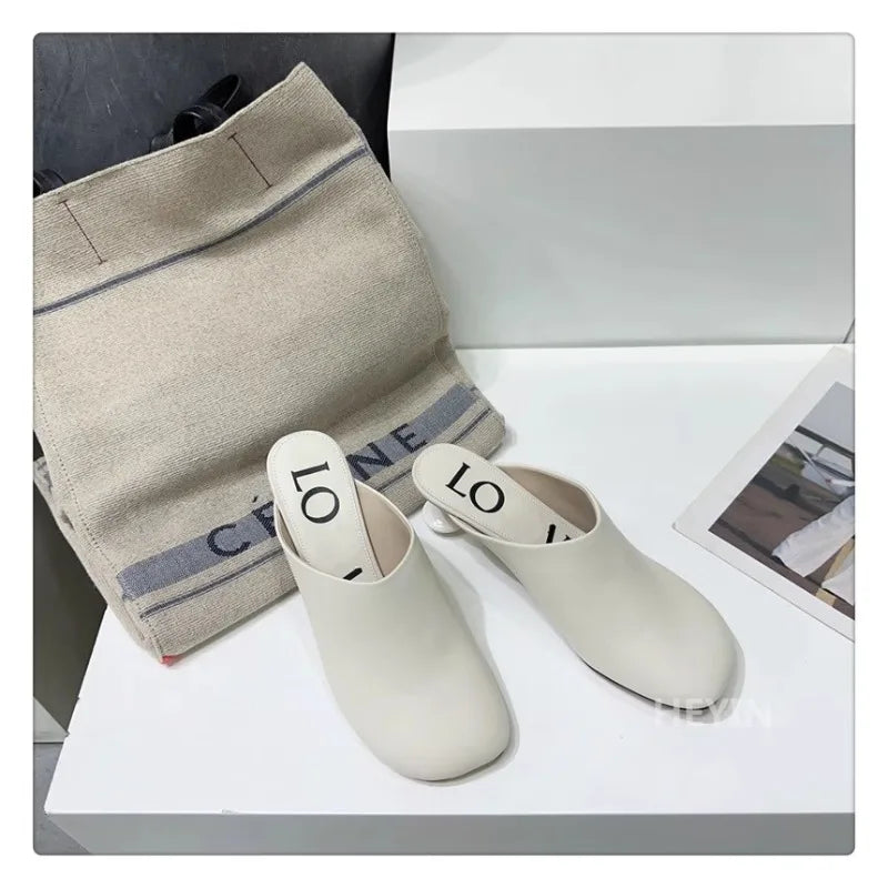 Square Toe Elegant Women Slippers Fad Mid Heels Leather Sandals Mule Shoes Trend Spring Designer Dress Femme Chaussures