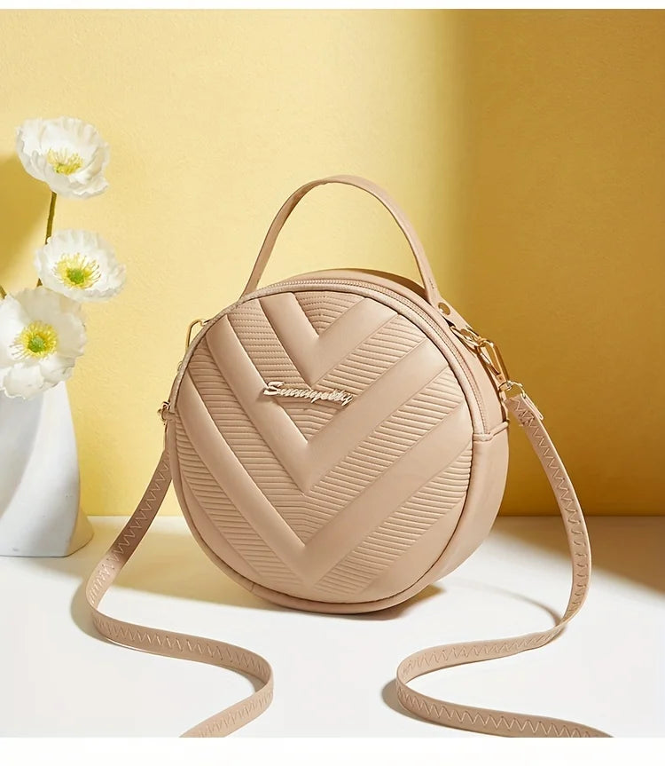 Chic Circle Crossbody Purse for Women - V-Quilted  Detachable Strap  Interior Pockets for Daily Use