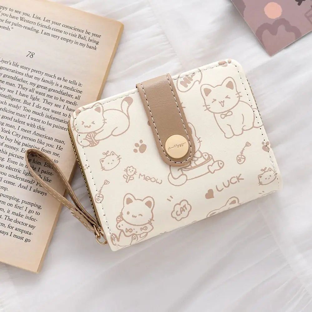 Cute Cat Coin Purse Women Fashion Short Wallet PU Leather Large Capacity Wallet Lightweight ID Card Holder Travel Cash Coin Bag