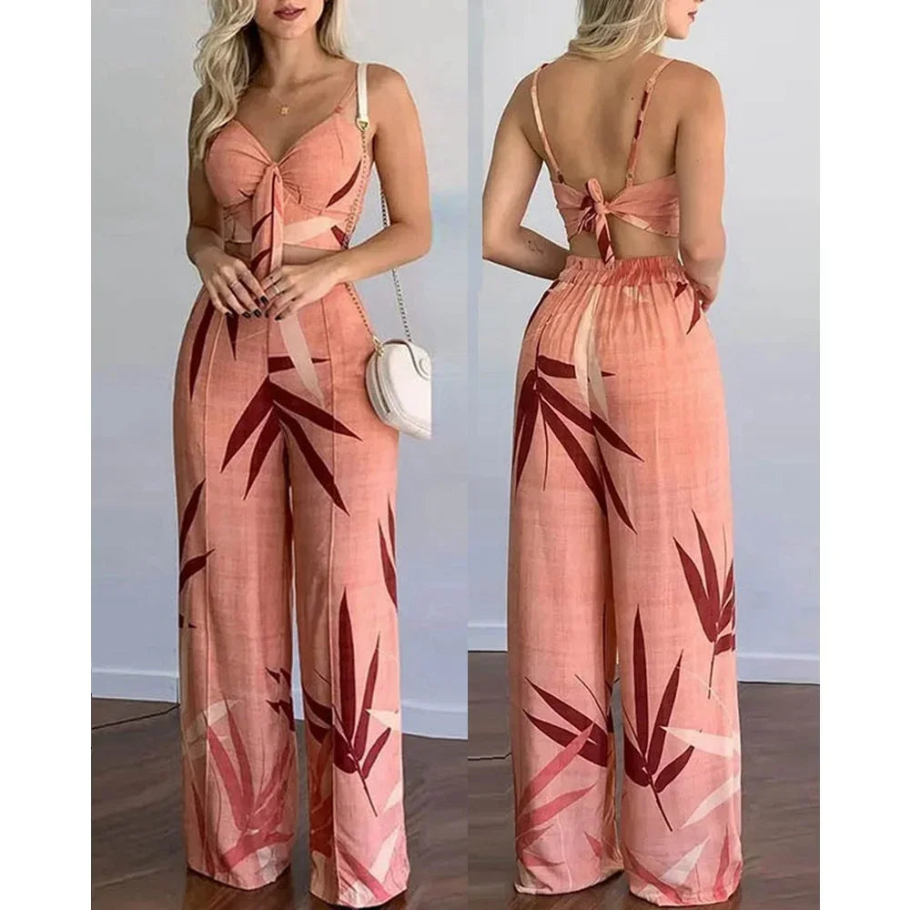 Summer Women Tropical Print Spaghetti Strap Casual Lace up Back Top &High Waist Pants Set 2 Pieces Suit Sets