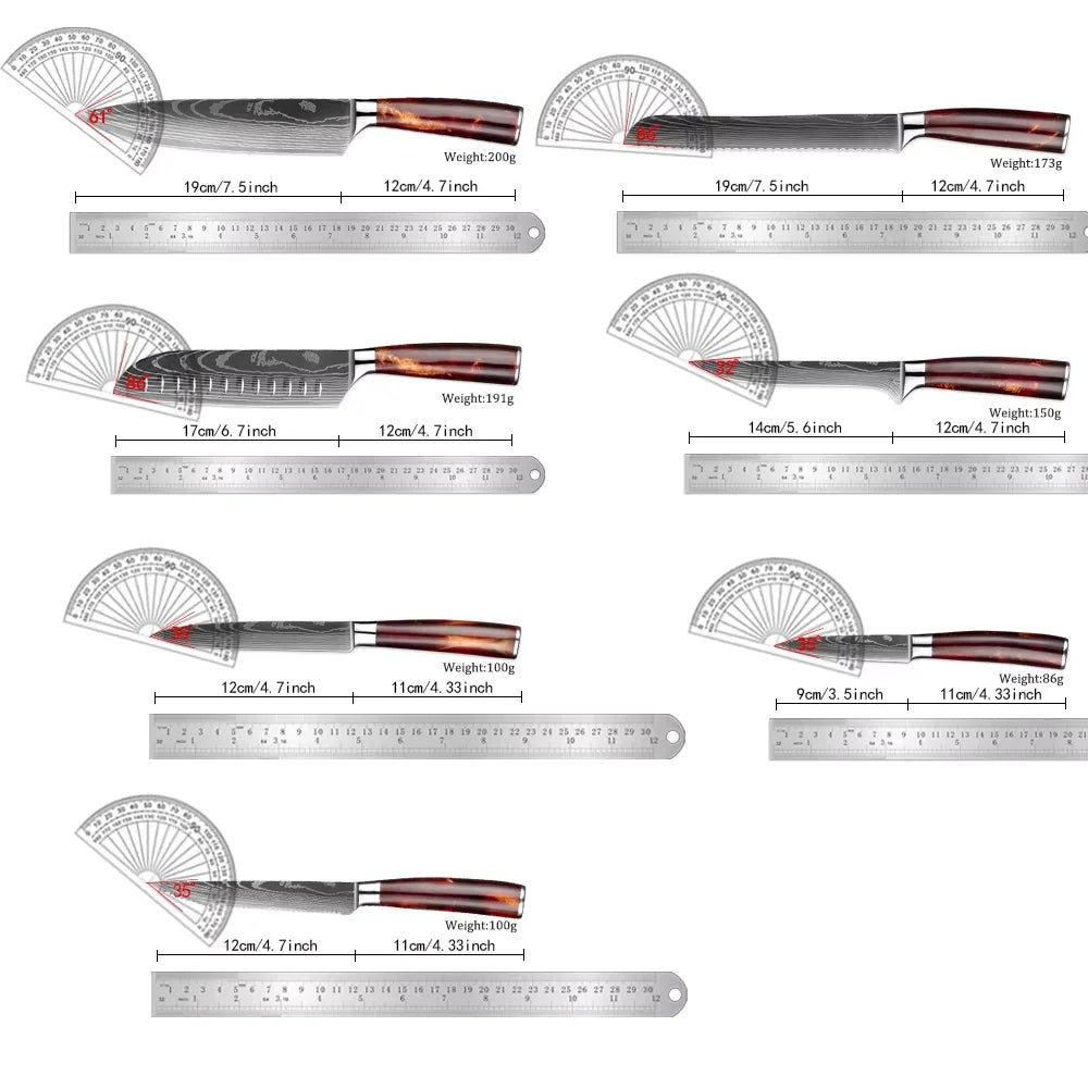 Kitchen Knife Set 15-Piece With Wooden Block,Laser Damascus Pattern Steel Professional Chef's Knife,With Scissor Sharpening Rod