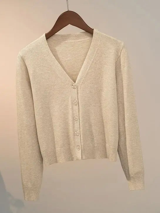 Sweater Knitted Cardigan Button Jacket 2025 Autumn Winter V-neck Long Sleeve Casual Short Tops For Women Sweater Grey White