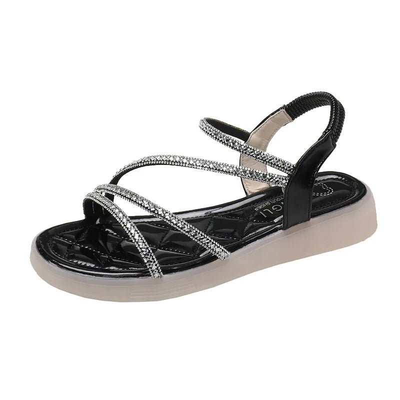 Flat-heeled Sandal Woman Rhinestone Comfortable Sandals for Women Summer New 2025 Without Heel Elegant Roman Fashion