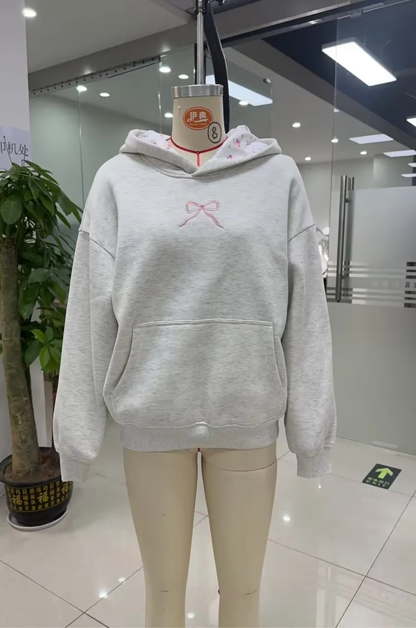 GuliriFei Women’s Loose Hoodies Bow Embroidery Long Sleeve Oversized Sweatshirts Streetwear Aesthetic Pullover Tops
