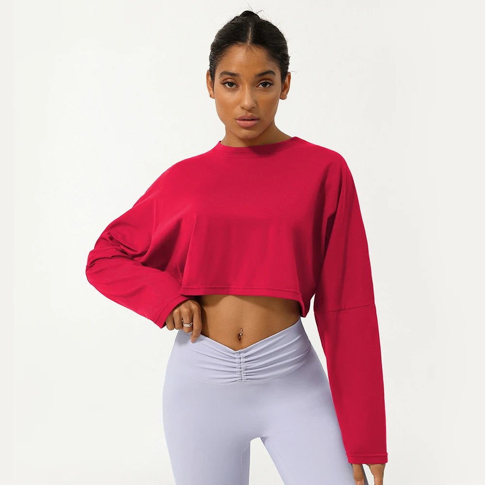 Women Long Sleeve Fitness Crop Top Soft Soild Color Workout T-Shirt Loose Running Yoga Shirt