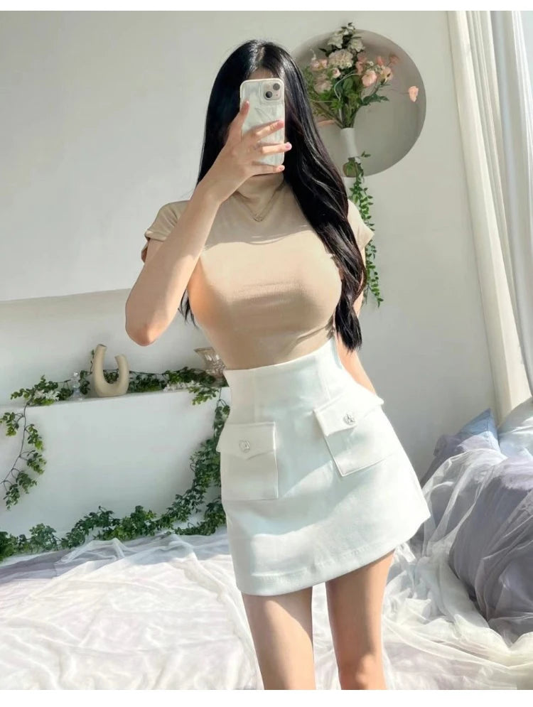 Female Streetwear Basics Versatile Tops Women Sexy Turtleneck Short Sleeve T-Shirts Solid Slim Fit Summer Causal Tees Shirts