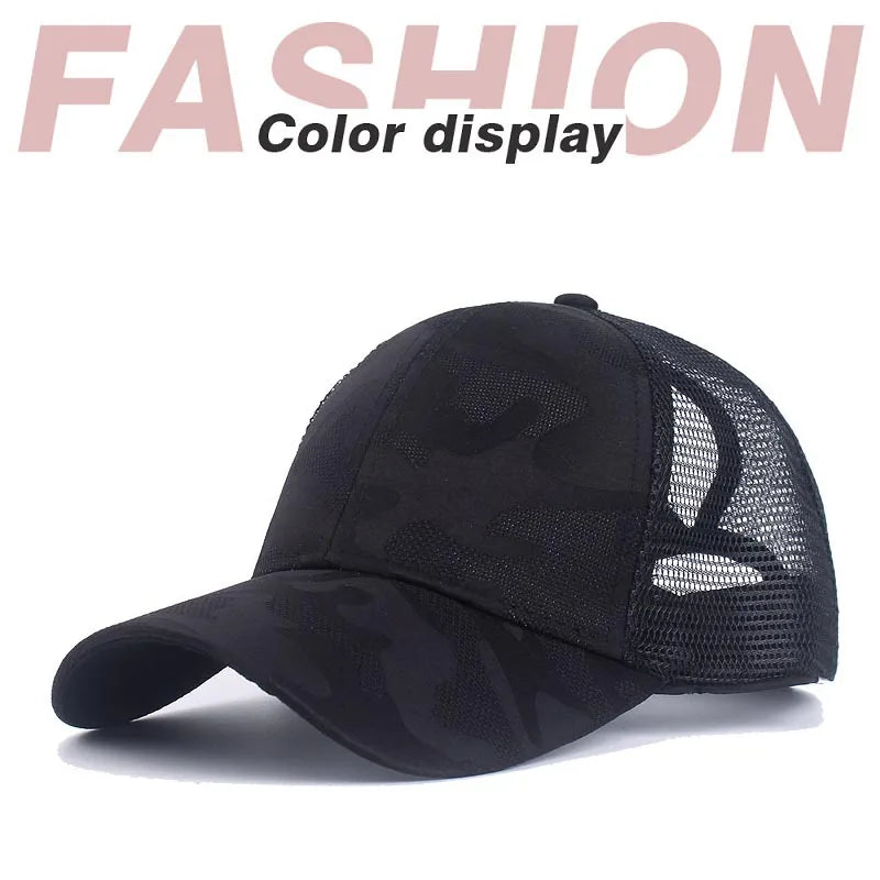 Summer Camouflage Mesh Trucker Hat Snapback Cap Chapeau Femme Fashion Messy Hair Bun Ponytail Baseball Caps for Women