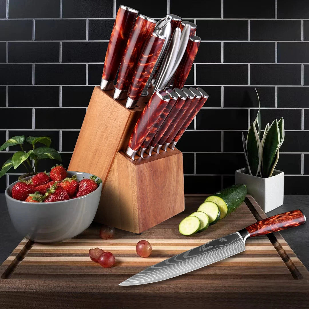 Kitchen Knife Set 15-Piece With Wooden Block,Laser Damascus Pattern Steel Professional Chef's Knife,With Scissor Sharpening Rod