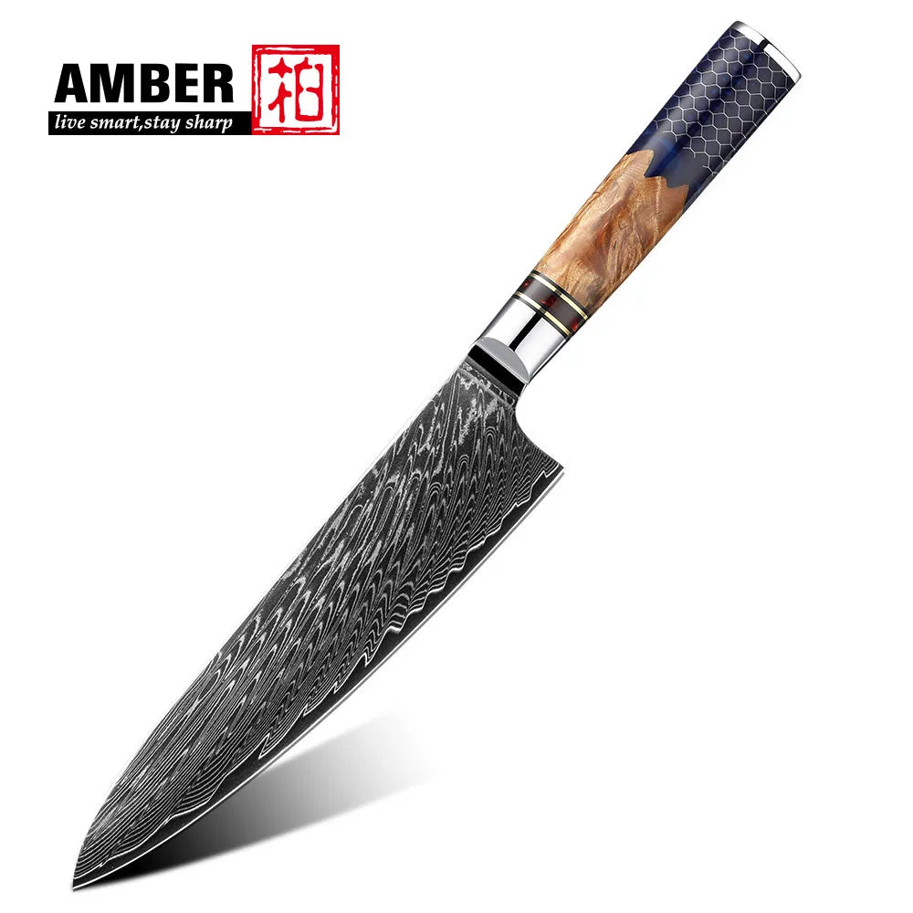 Kitchen Knives-Set Damascus Steel Chef Knife Cleaver Paring Utility Bread Knife Cooking Tool Blue Resin Handle 1-10 Pcs/Set