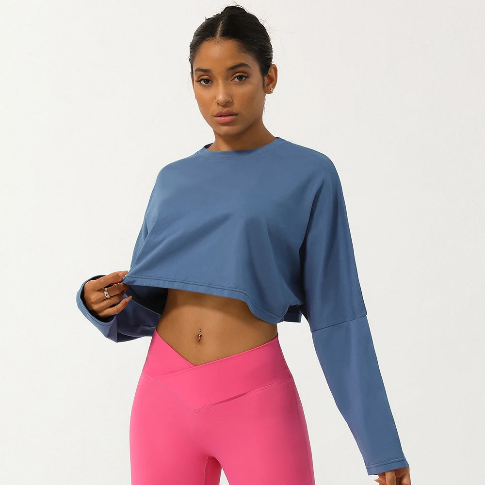 Women Long Sleeve Fitness Crop Top Soft Soild Color Workout T-Shirt Loose Running Yoga Shirt