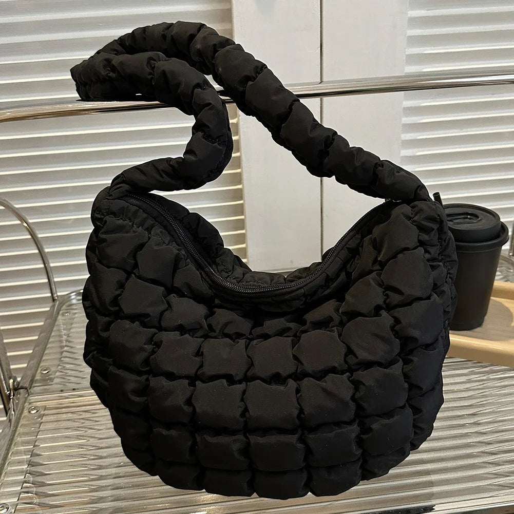 Ladies Quilted Pleated Sling Bag Solid Color Cloud Tote Bag Versatile Quilted Cloud Purse Large Capacity Commuting Bags