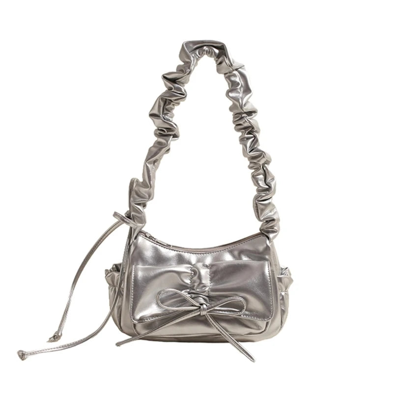 Stylish Casual Pleated Shoulder Bag with Novelty Bowknot PU Leather Handbag Purse for Female