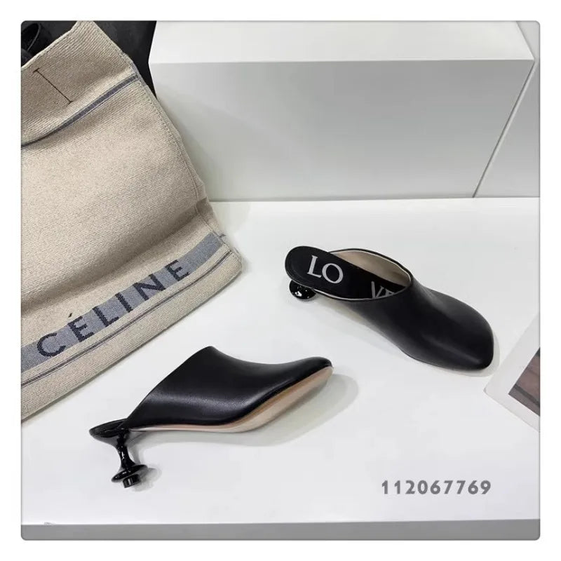 Square Toe Elegant Women Slippers Fad Mid Heels Leather Sandals Mule Shoes Trend Spring Designer Dress Femme Chaussures