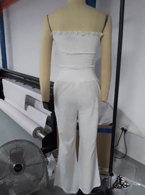 Two Piece Set Women Outfit Summer Fashion Drawstring Bandeau Sleeveless Crop Top & Casual Shirred High Waist Pants Sets