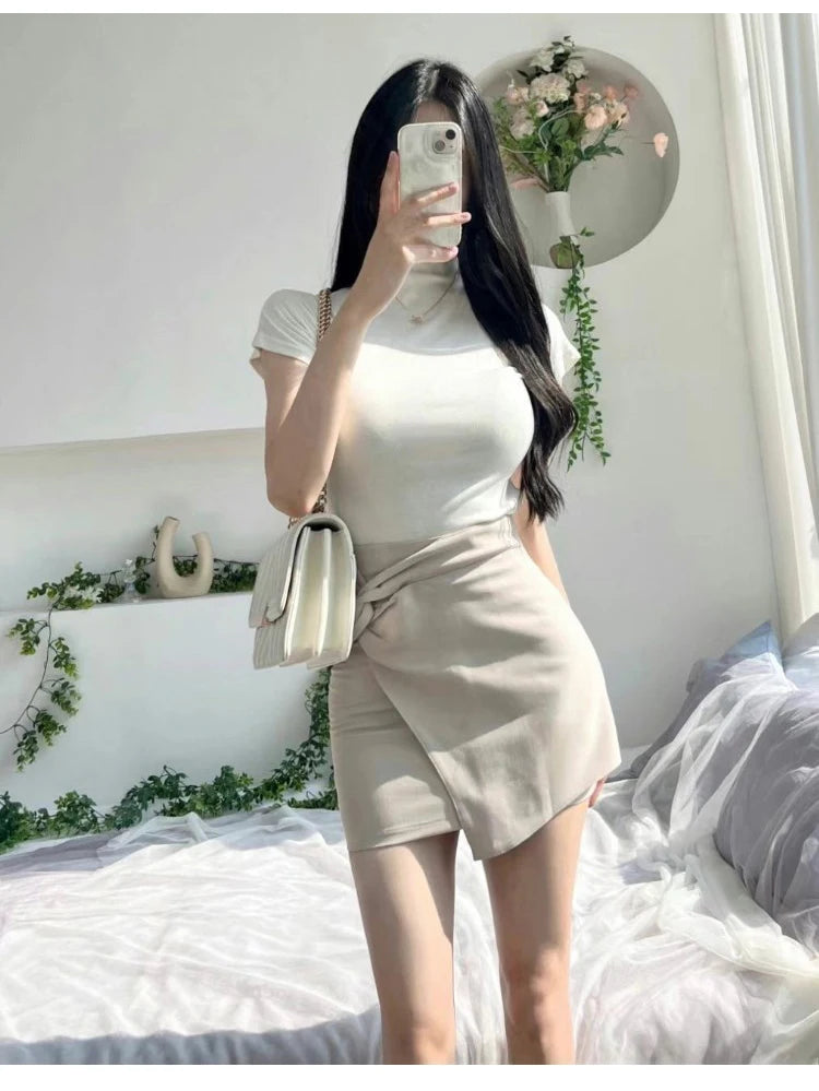 Female Streetwear Basics Versatile Tops Women Sexy Turtleneck Short Sleeve T-Shirts Solid Slim Fit Summer Causal Tees Shirts