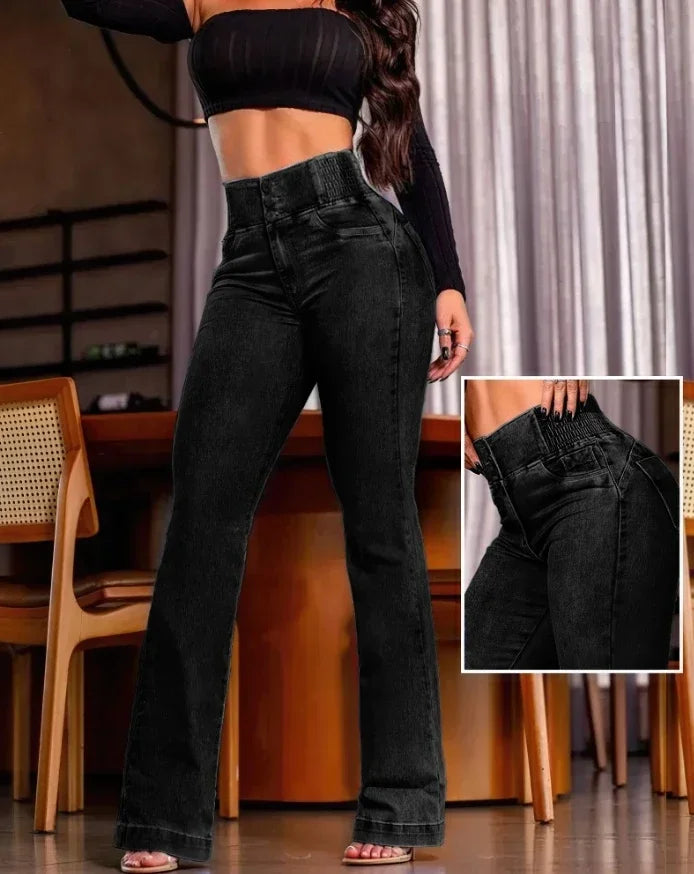 Sexy Elegant New Fashion 2024 Casual Female Trouser Bottom Back Shirred Button Front High Waist Jeans