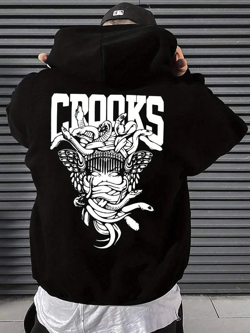 2025 Classic Vintage Men's Dark Pattern Printed Hoodie Fashion Loose Casual Autumn/Winter Pullover Strap