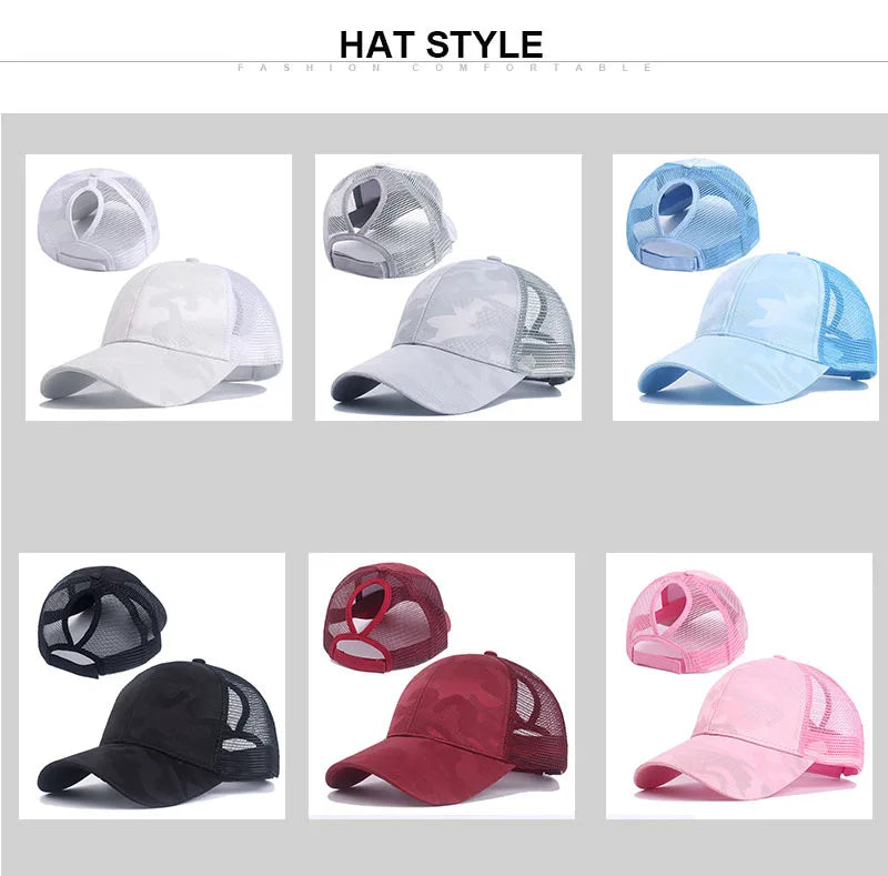Summer Camouflage Mesh Trucker Hat Snapback Cap Chapeau Femme Fashion Messy Hair Bun Ponytail Baseball Caps for Women