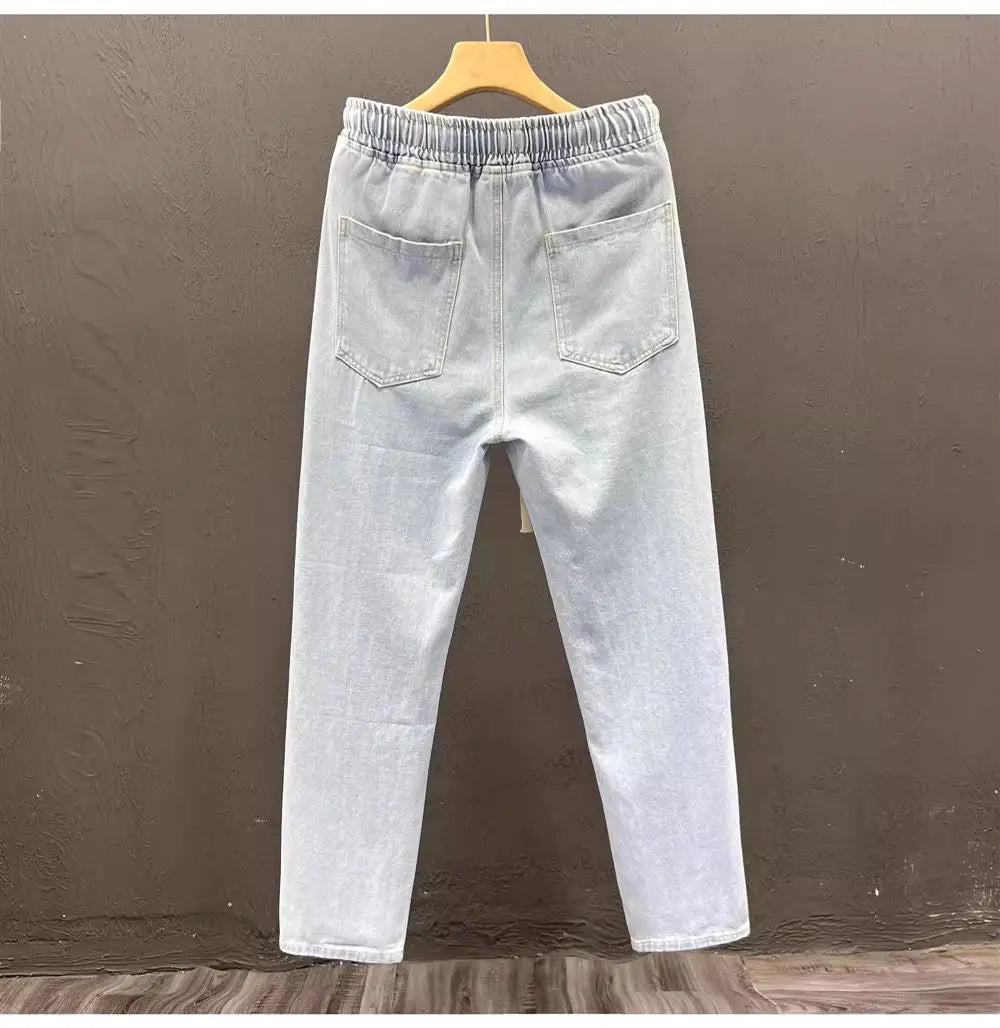 Men's Casual Loose Straight Leg Jeans Thin Wear Resistant Spring Autumn Vintage Workwear Durable Cotton Denim Trousers