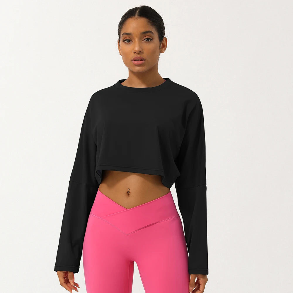 Women Long Sleeve Fitness Crop Top Soft Soild Color Workout T-Shirt Loose Running Yoga Shirt