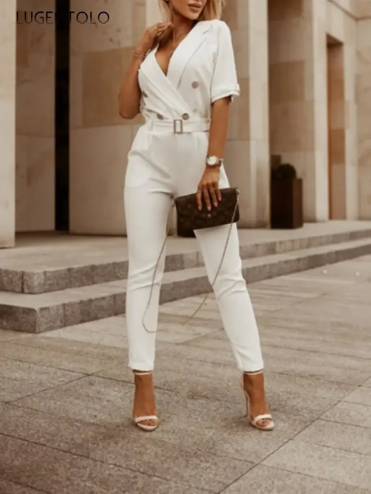 Women Suit Short Sleeve Jumpsuit Slim Fit Fashion Office Lady Spring Summer Elegant Solid Button Sexy High Waist Jumpsuits
