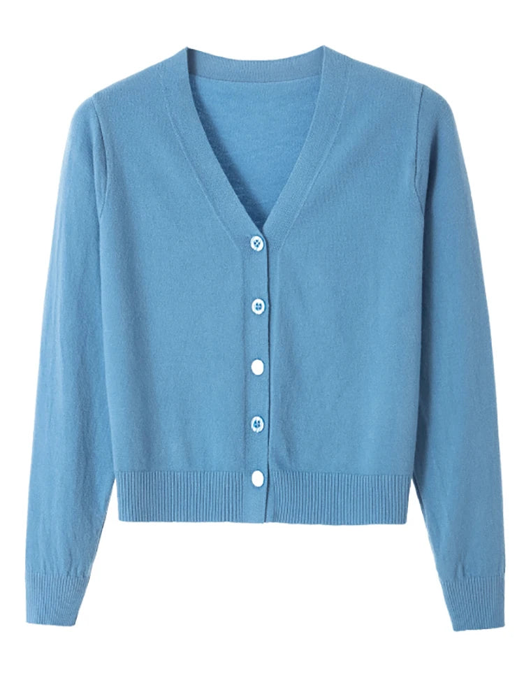 Sweater Knitted Cardigan Button Jacket 2025 Autumn Winter V-neck Long Sleeve Casual Short Tops For Women Sweater Grey White