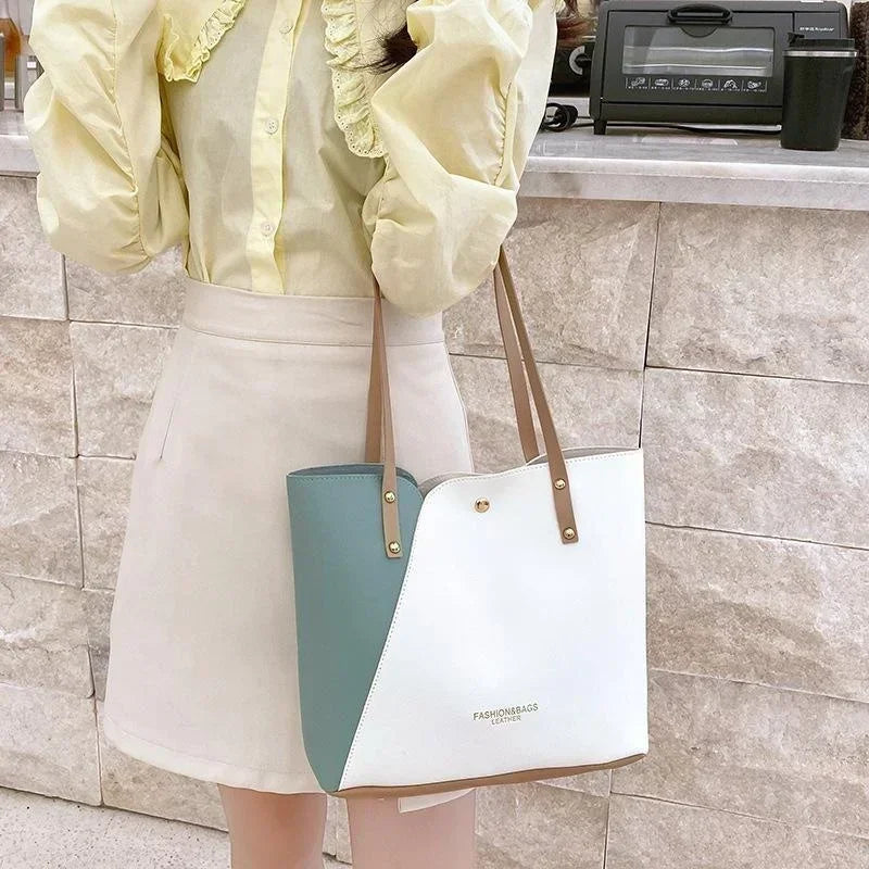 Women Pu Leather Ladies Purses and Shopping Bag Casual Large Capacity Patchwork Bag Hot Stamped Contrast Color Shoulder Bags