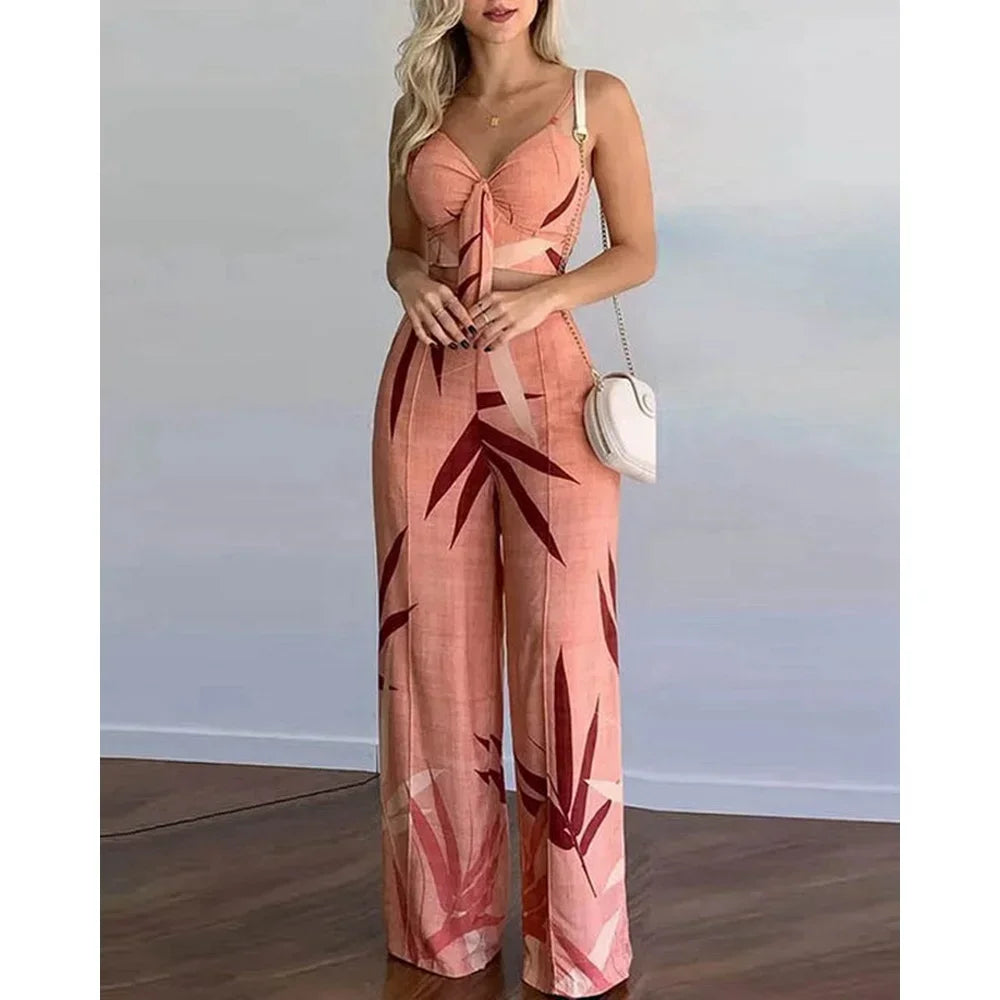 Summer Women Tropical Print Spaghetti Strap Casual Lace up Back Top &High Waist Pants Set 2 Pieces Suit Sets