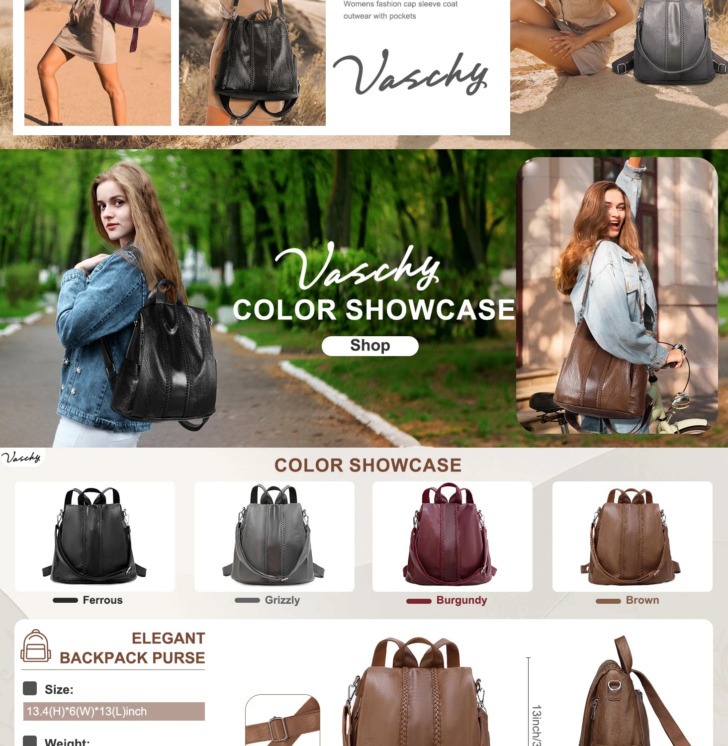 Backpack Purse for Women,VASCHY Fashion Faux Leather Anti-theft Backpack Purse Small for Ladies Bookbag Purse with Vintage Weave