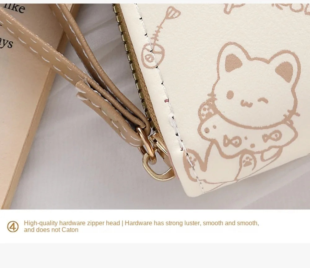 Cute Cat Coin Purse Women Fashion Short Wallet PU Leather Large Capacity Wallet Lightweight ID Card Holder Travel Cash Coin Bag