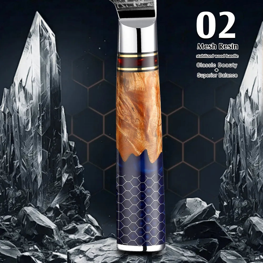 Kitchen Knives-Set Damascus Steel Chef Knife Cleaver Paring Utility Bread Knife Cooking Tool Blue Resin Handle 1-10 Pcs/Set