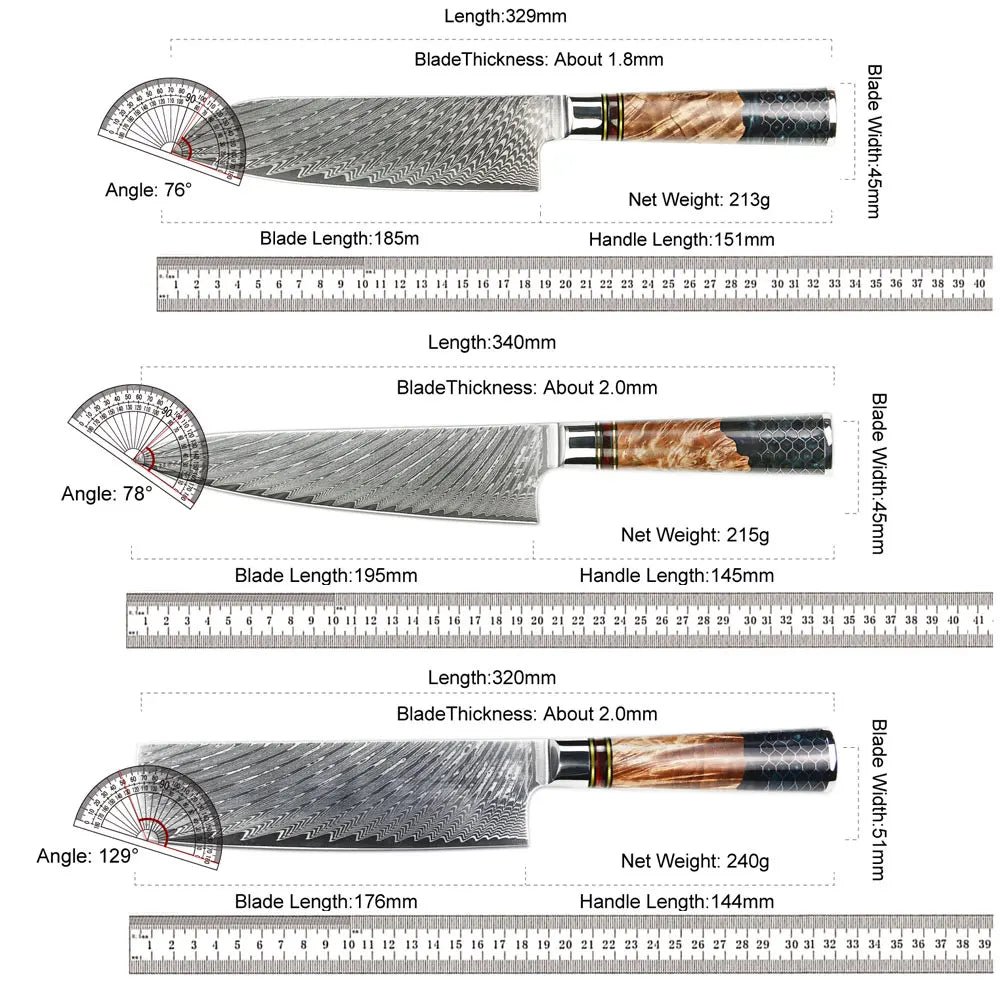 Kitchen Knives-Set Damascus Steel Chef Knife Cleaver Paring Utility Bread Knife Cooking Tool Blue Resin Handle 1-10 Pcs/Set