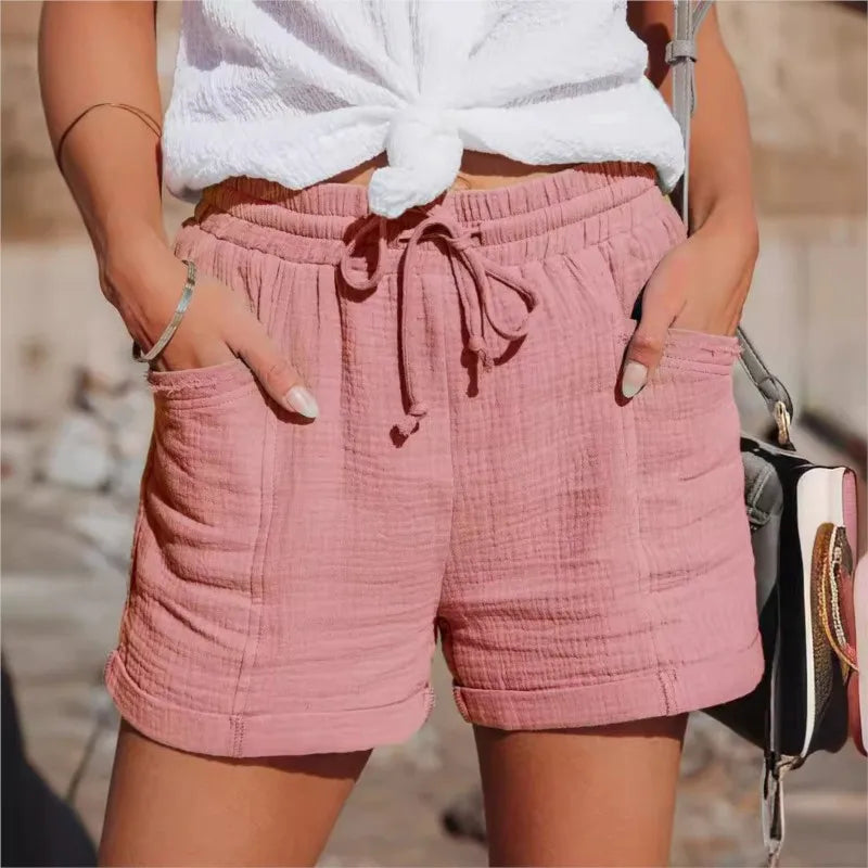 2025 Summer Women's Fashion Shorts Casual High Waist Loose Wide-leg Shorts Solid Color Lace-up Pockets Homewear Female Short